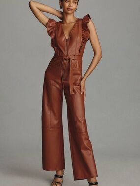 Maeve Colette Ruffled Faux Leather Sleeveless Jumpsuit in Chestnut